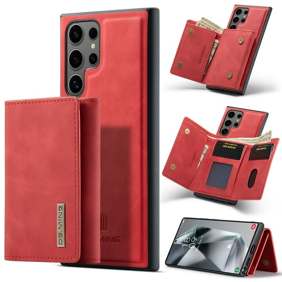 Allytech 2 in 1 Detachable Wallet Case for Samsung Galaxy S24 Ultra with Cash Pocket & Cash Slots, [Full Body Protection] [Magnetic Clasp] Luxury PU Leather Shockproof Slim Kickstand Case - Red