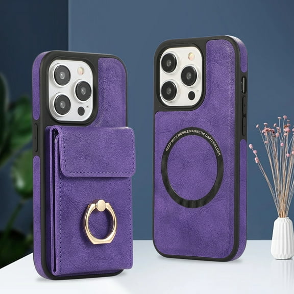 Allytech 2 in 1 Wallet Case for Apple iPhone 13 Pro Max, Detachable Cards Holder with Ring Holder Stand Shokproof Compatible with Magsafe Wireless Charging Support Protective Case for Women Men-Purple