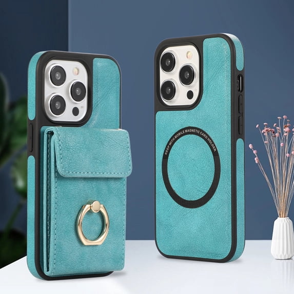 Allytech 2 in 1 Wallet Case for Apple iPhone 14 Plus, Detachable Cards Holder with Ring Holder Stand Shokproof Compatible with Magsafe Wireless Charging Support Protective Case for Women Men - Green