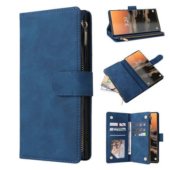 Allytech 2 in 1 Wallet Case for Samsung Galaxy A05, Luxury PU Leather Zipper Wallet Kickstand Cover with Card Slots & Lanyard & Photo Pocket, Magnetic Buttons Buckle Shockproof Case - Blue