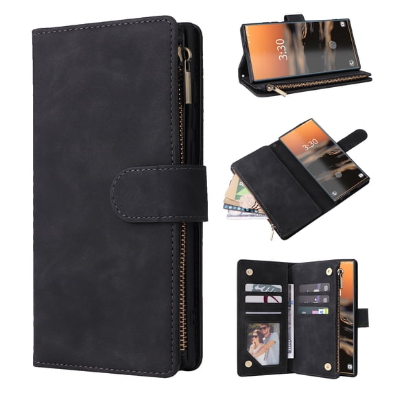 Allytech 2 in 1 Wallet Case for Samsung Galaxy A05s, Luxury PU Leather Zipper Wallet Kickstand Cover with Card Slots & Lanyard & Photo Pocket, Magnetic Buttons Buckle Shockproof Case - Black