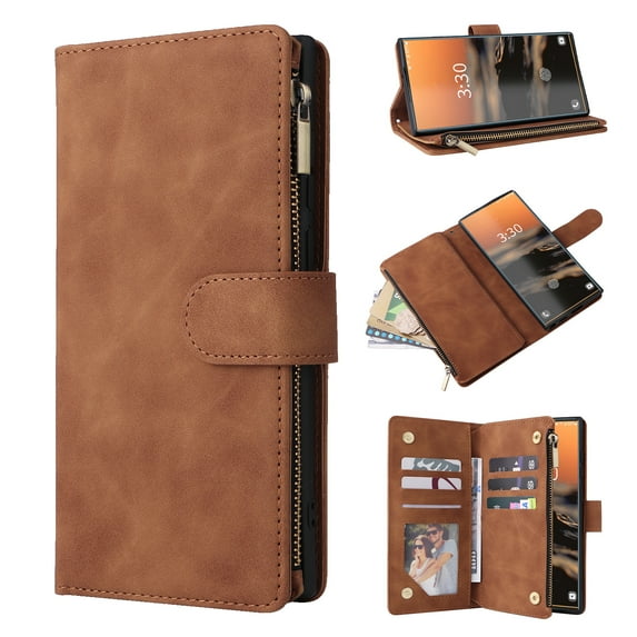Allytech 2 in 1 Wallet Case for Samsung Galaxy A05s, Luxury PU Leather Zipper Wallet Kickstand Cover with Card Slots & Lanyard & Photo Pocket, Magnetic Buttons Buckle Shockproof Case - Brown