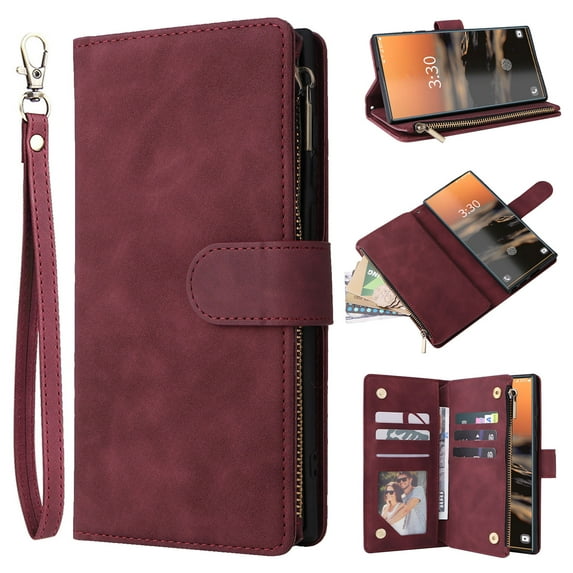 Allytech 2 in 1 Wallet Case for Samsung Galaxy A33 5G, Luxury PU Leather Zipper Wallet Kickstand Cover with Card Slots & Lanyard & Photo Pocket, Magnetic Buttons Buckle Shockproof Case - Winered