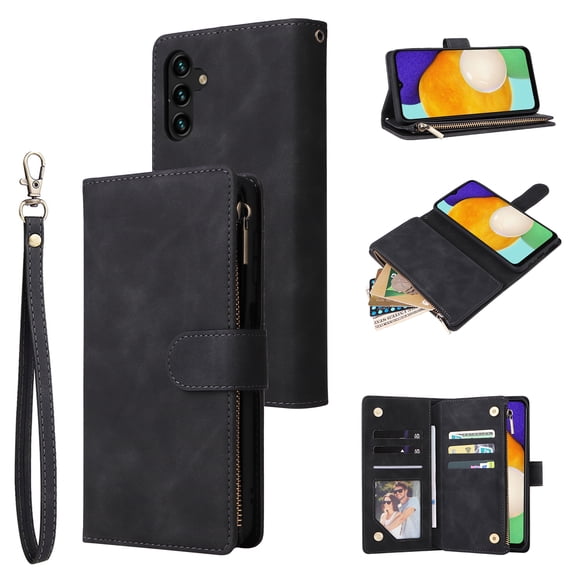 Allytech 2 in 1 Wallet Case for Samsung Galaxy S23 FE, Luxury PU Leather Zipper Wallet Kickstand Cover with Card Slots & Lanyard & Photo Pocket, Magnetic Buttons Buckle Shockproof Case - Black