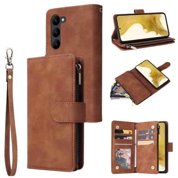 Allytech 2 in 1 Wallet Case for Samsung Galaxy S23, Luxury PU Leather Zipper Wallet Kickstand Cover with Card Slots & Lanyard & Photo Pocket, Magnetic Buttons Buckle Shockproof Case - Brown