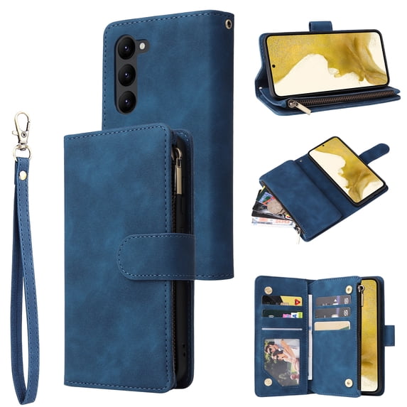 Allytech 2 in 1 Wallet Case for Samsung Galaxy S24 Plus, Luxury PU Leather Zipper Wallet Kickstand Cover with Card Slots & Lanyard & Photo Pocket, Magnetic Buttons Buckle Shockproof Case - Blue
