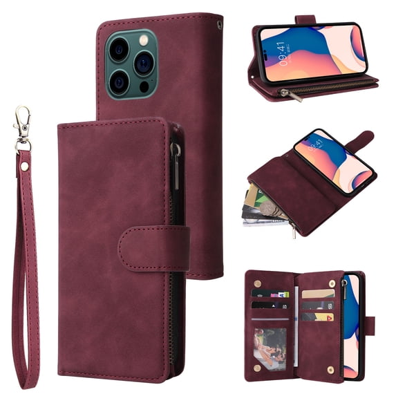 Allytech 2 in 1 Wallet Case for iPhone 13 Pro Max, Luxury PU Leather Zipper Wallet Kickstand Cover with Card Slots & Lanyard & Photo Pocket, Magnetic Buttons Buckle Shockproof Case - Winered