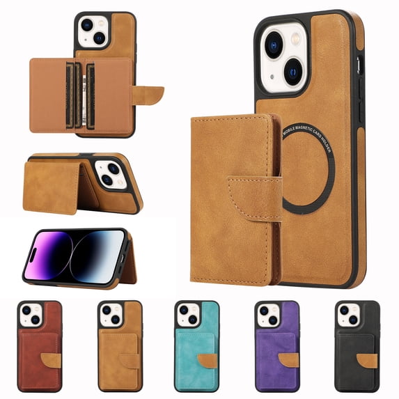 Allytech 2 in 1 Wallet Case for iPhone 14 Plus, Compatible with MagSafe, Retro PU Leather Kickstand Shockproof Anti-Fall Slim Case with Detachable Magnetic Cards Holder for iPhone 14 Plus, Brown