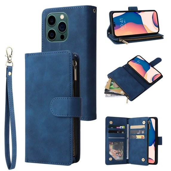 Allytech 2 in 1 Wallet Case for iPhone 14 Pro Max, Luxury PU Leather Zipper Wallet Kickstand Cover with Card Slots & Lanyard & Photo Pocket, Magnetic Buttons Buckle Shockproof Case - Blue