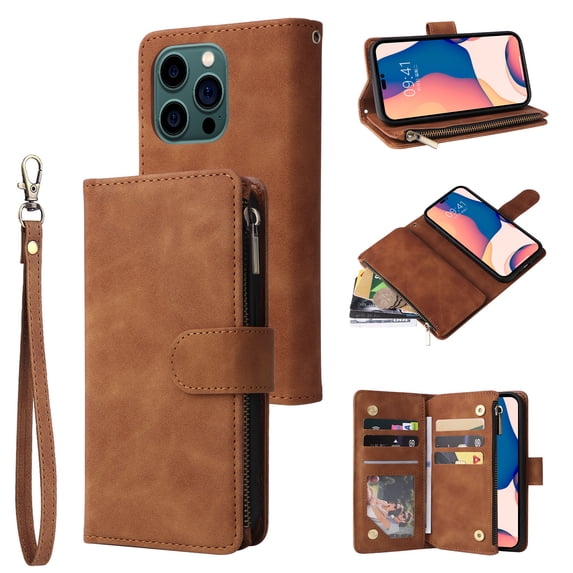 Allytech 2 in 1 Wallet Case for iPhone 14 Pro Max, Luxury PU Leather Zipper Wallet Kickstand Cover with Card Slots & Lanyard & Photo Pocket, Magnetic Buttons Buckle Shockproof Case - Brown