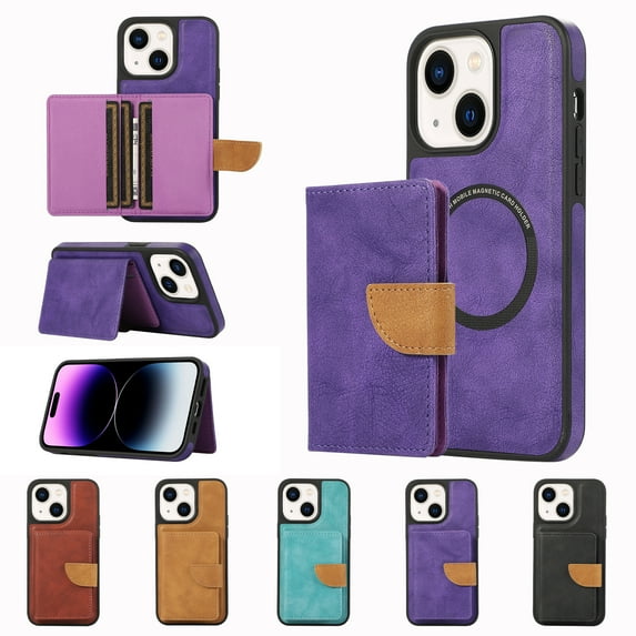 Allytech 2 in 1 Wallet Case for iPhone 15 Plus, Compatible with MagSafe, Retro PU Leather Kickstand Shockproof Anti-Fall Slim Case with Detachable Magnetic Cards Holder for iPhone 15 Plus, Purple