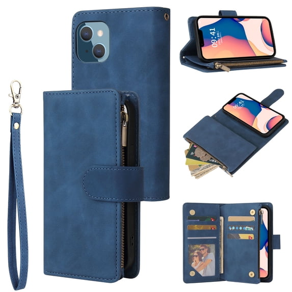 Allytech 2 in 1 Wallet Case for iPhone 15 Plus, Luxury PU Leather Zipper Wallet Kickstand Cover with Card Slots & Lanyard & Photo Pocket, Magnetic Buttons Buckle Shockproof Case - Blue