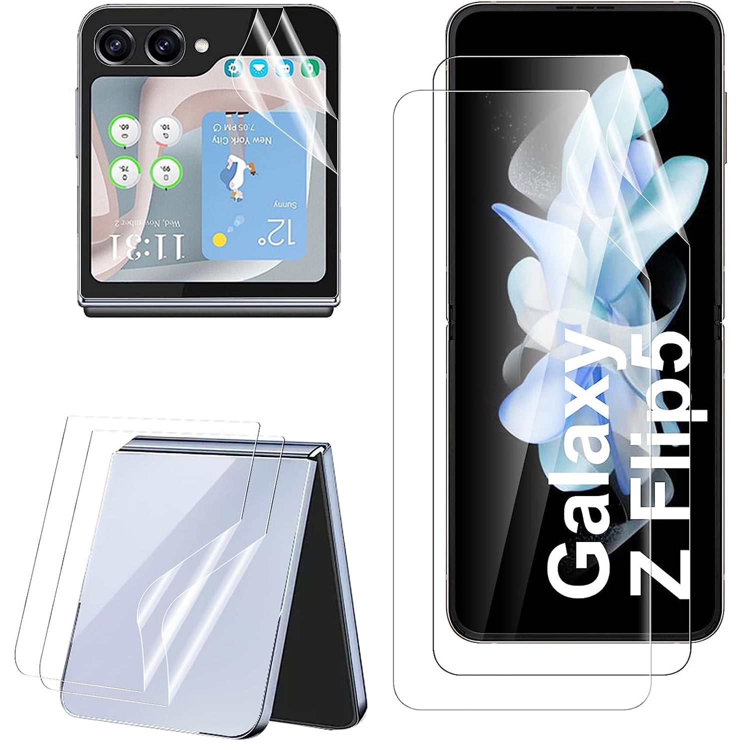3+3 Pack Galaxy Z Flip 5 Screen Protector – Front TPU + Back Tempered Glass, Bubble Free, Fingerprint Friendly