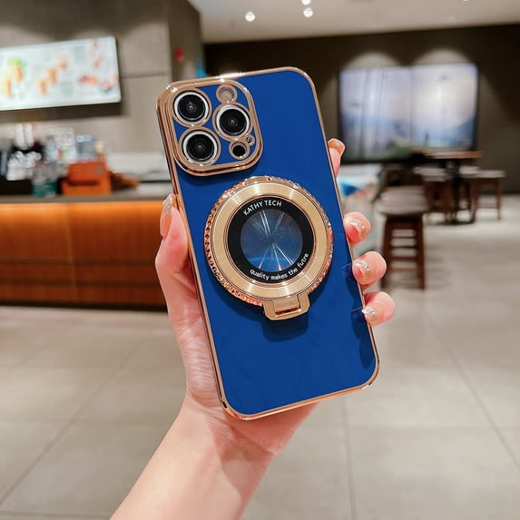 Allytech 360° Rotatable Kickstand Case for iPhone 14 Plus - Compatible with MagSafe - Full Camera Protection - Slim & Lightweight Luxury Plating Shockproof Soft TPU Phone Case, Navyblue