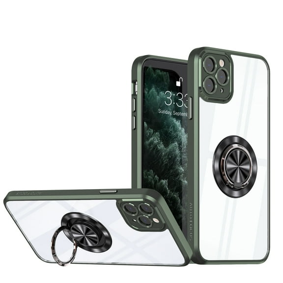 Allytech for Apple iPhone 11 Pro Max Case, 360° Rotatable Ring Holder Kickstand Magnetic Shockproof TPU Frame Transparent Acrylic Back Phone Shell Cover for iPhone 11 Pro Max 6.5 inch 2019, Darkgreen