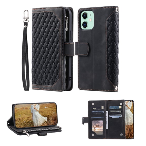 Allytech for Apple iPhone 11 Wallet Case,Full Protection Luxury PU Leather Magnetic Closure Flip Cards Holder Kickstand Zipper Phone Case with Crossbody Wrist Strap,Black