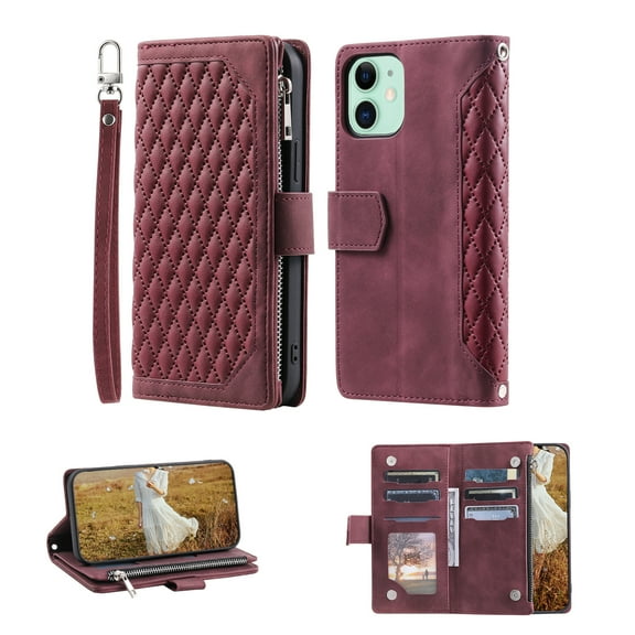 Allytech for Apple iPhone 11 Wallet Case,Full Protection Luxury PU Leather Magnetic Closure Flip Cards Holder Kickstand Zipper Phone Case with Crossbody Wrist Strap,Winered