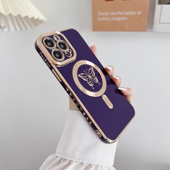 Allytech for Apple iPhone 12 Case Magnetic, Compatible with Magsafe Soft TPU Plating Butterfly Design Back Cover Wireless Charging Support Slim Fit Luxury Case for Girls Women - Purple