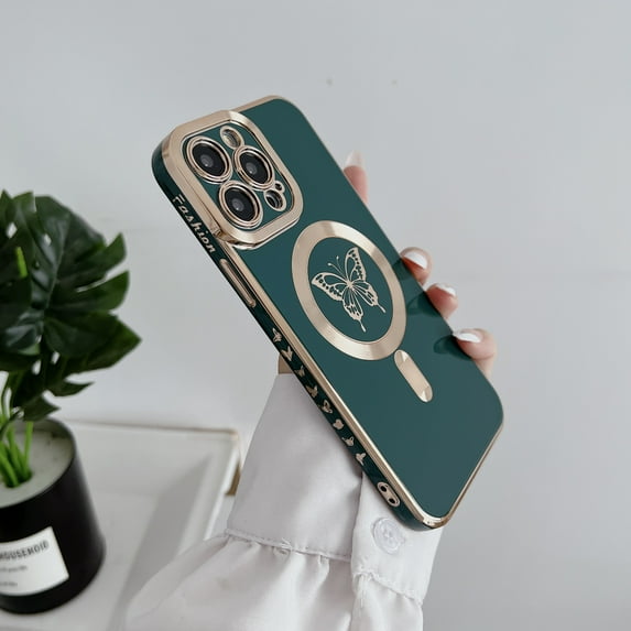 Allytech for Apple iPhone 13 Case Magnetic, Compatible with Magsafe Soft TPU Plating Butterfly Design Back Cover Wireless Charging Support Slim Fit Luxury Case for Girls Women - Darkgreen