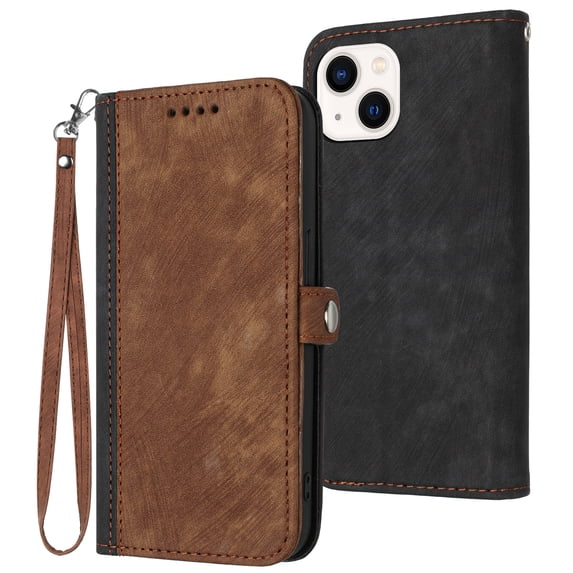 Allytech for Apple iPhone 14 Plus Case Cover, Premium PU Leather Drop Proof Kickstand Wrist Strap Card Holder TPU Interior Flip Magnetic Wallet Protective Case for Apple iPhone 14+ 5G 6.7", Brown
