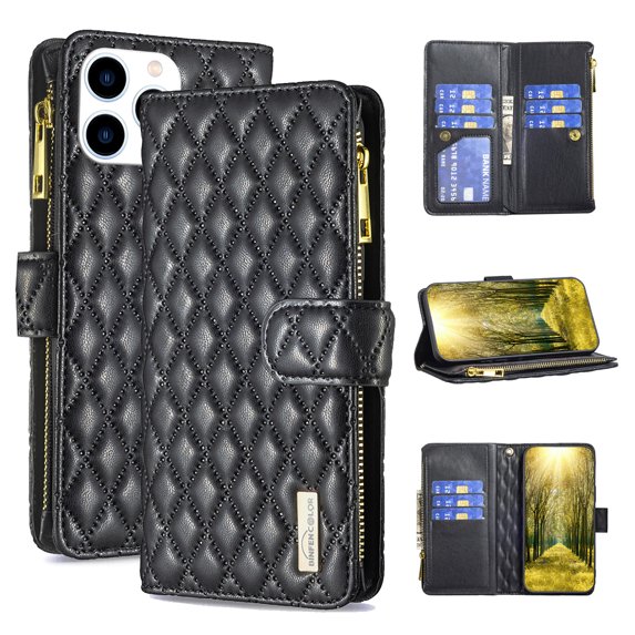 Allytech for Apple iPhone 14 Pro Wallet Case for Women & Men,Premium PU Leather Zipper Pocket Magnetic Clasp Flip Holder Card Slots Shockproof Phone Case with Wrist Strap,Black