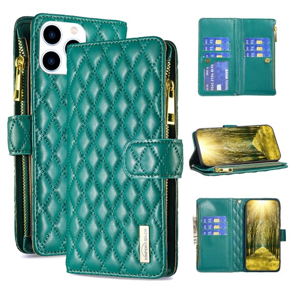 Allytech for Apple iPhone 14 Pro Wallet Case for Women & Men,Premium PU Leather Zipper Pocket Magnetic Clasp Flip Holder Card Slots Shockproof Phone Case with Wrist Strap,Green