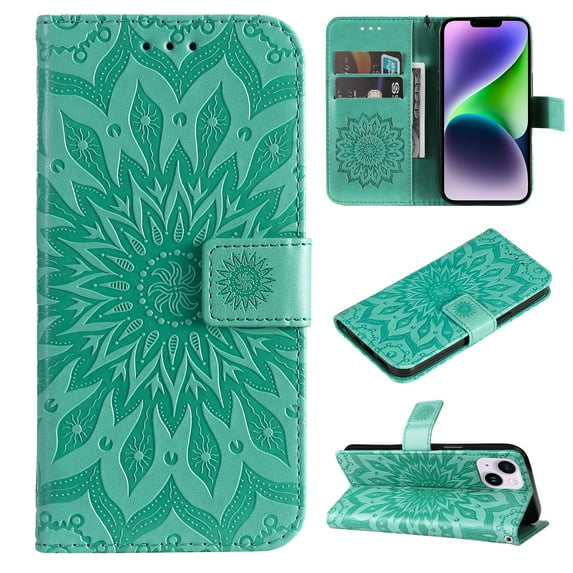 Allytech for Apple iPhone 15 Case Wallet, Mandala Embossed PU Leather Flip Folio Cover Cards Slots Stand Protective Shockproof Wallet Case Cover for Apple iPhone 15 - Green