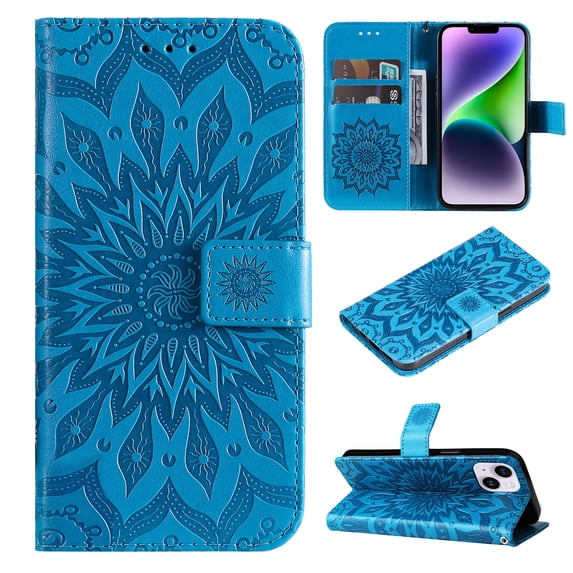 Allytech for Apple iPhone 15 Plus Case Wallet, Mandala Embossed PU Leather Flip Folio Cover Cards Slots Stand Protective Shockproof Wallet Case Cover for Apple iPhone 15 Plus - Blue