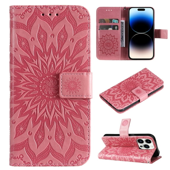 Allytech for Apple iPhone 15 Pro Case Wallet, Mandala Embossed PU Leather Flip Folio Cover Cards Slots Stand Protective Shockproof Wallet Case Cover for Apple iPhone 15 Pro - Pink