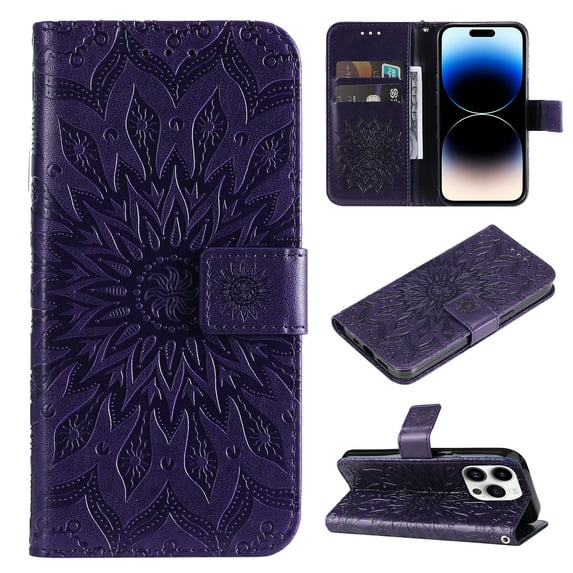 Allytech for Apple iPhone 15 Pro Case Wallet, Mandala Embossed PU Leather Flip Folio Cover Cards Slots Stand Protective Shockproof Wallet Case Cover for Apple iPhone 15 Pro - Purple