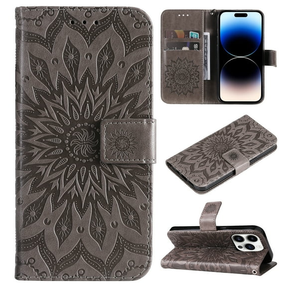 Allytech for Apple iPhone 15 Pro Case Wallet, Mandala Embossed PU Leather Flip Folio Cover Cards Slots Stand Protective Shockproof Wallet Case Cover for Apple iPhone 15 Pro - Gray