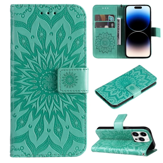 Allytech for Apple iPhone 15 Pro Case Wallet, Mandala Embossed PU Leather Flip Folio Cover Cards Slots Stand Protective Shockproof Wallet Case Cover for Apple iPhone 15 Pro - Green