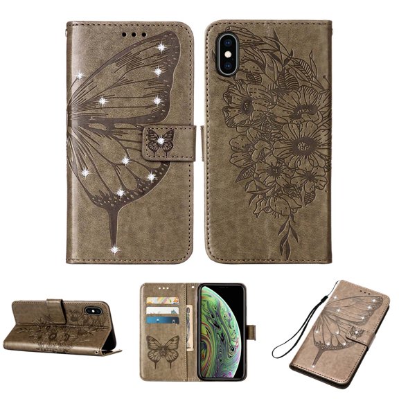 Allytech for Apple iPhone X/iPhone XS Case,Shockproof Stylish PU Leather Bling Glitter Diamond Embossed Pattern Flip Holder Magnetic Clasp Card Slots Wallet Phone Case Cover,Gray