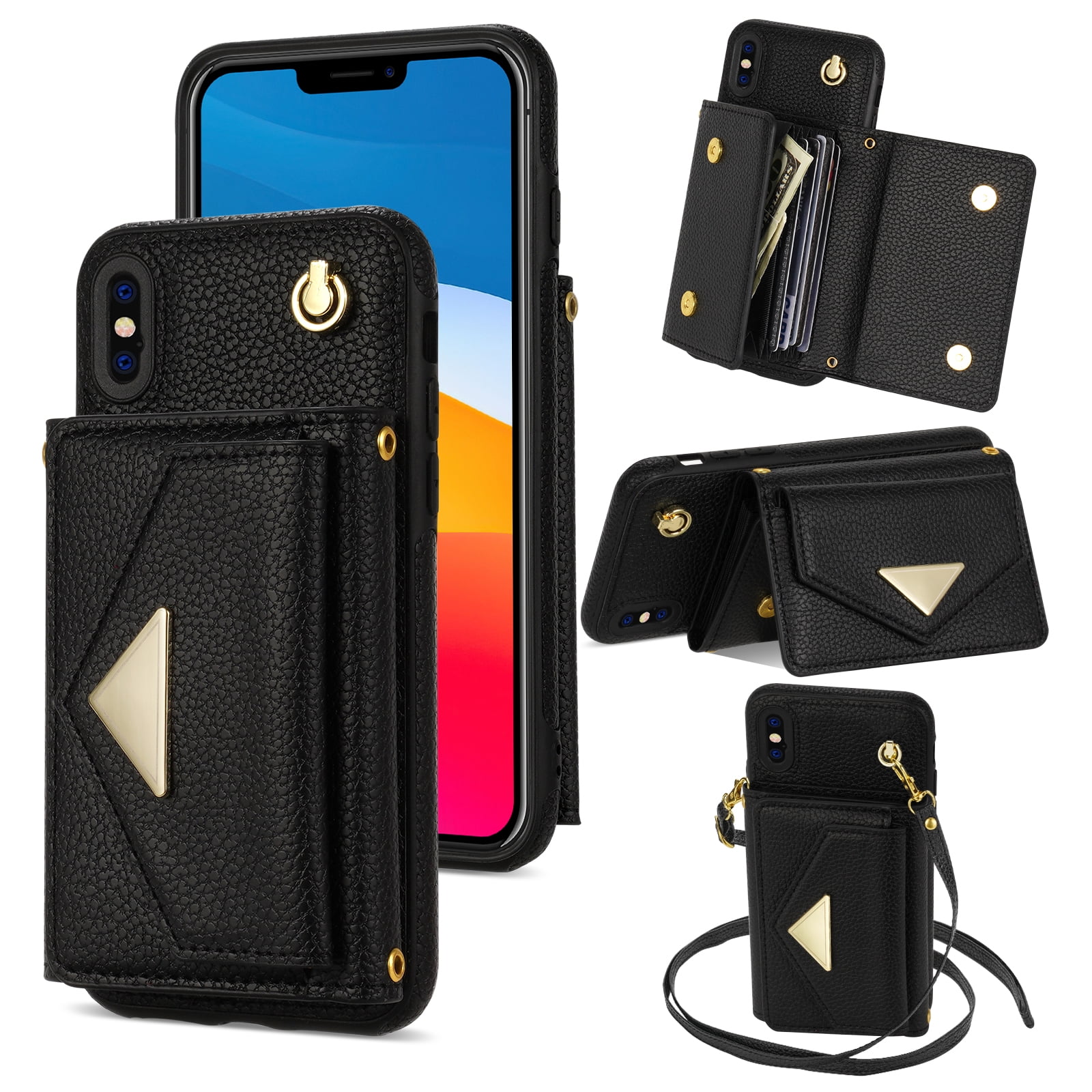 Allytech for Applel iPhone X Case iPhone XS Wallet Case Premium PU Leather Multiple Cards Slots Large Space Wallet Case with Crossbody Shoulder Strap for Girls Women Black Walmart