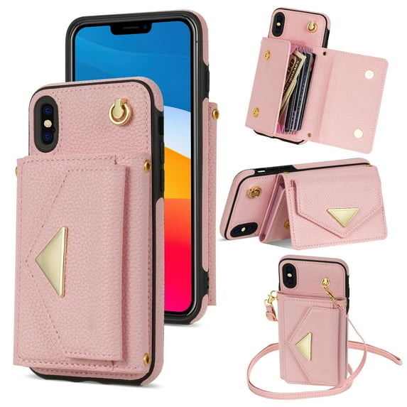 Allytech for Applel iPhone X Case, iPhone XS Wallet Case, Premium PU Leather Multiple Cards Slots Large Space Wallet Case with Crossbody Shoulder Strap for Girls Women - Pink