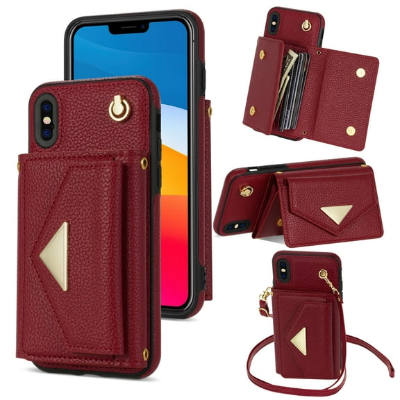 Allytech for Applel iPhone XS Max Wallet Case, Premium PU Leather Multiple Cards Slots Large Space Wallet Case with Crossbody Shoulder Strap for Girls Women - Red