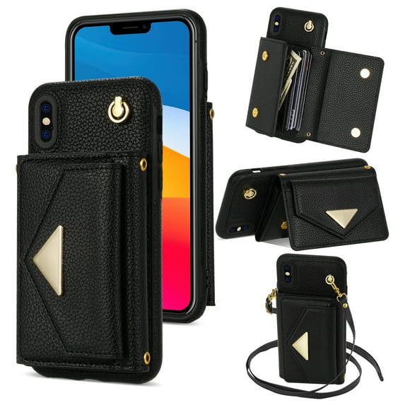 Allytech for Applel iPhone XS Max Wallet Case, Premium PU Leather Multiple Cards Slots Large Space Wallet Case with Crossbody Shoulder Strap for Girls Women - Black