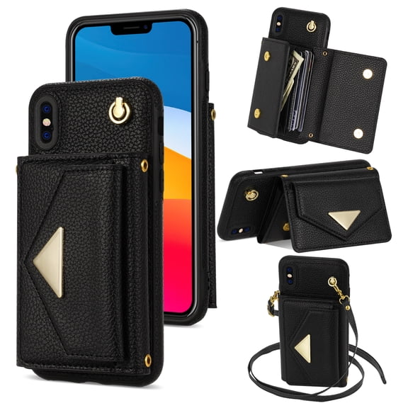 Allytech for Applel iPhone Xr 6.1" Wallet Case, Premium PU Leather Multiple Cards Slots Large Space Wallet Case with Crossbody Shoulder Strap for Girls Women - Black