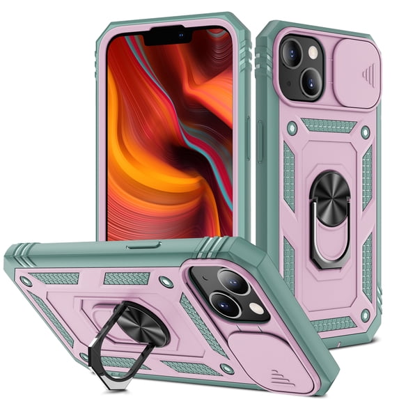 Allytech Armor Case for iPhone 14 Plus Stand Case with Slide Camera Cover, Military Grade Shockproof Heavy Duty Protective with Magnetic Car Mount Holder Case for iPhone 14 Plus 2022 (6.7"),Green+Pink