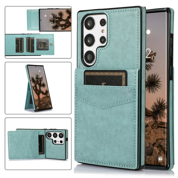 Allytech Back Flip Wallet Case for Samsung Galaxy S23 Ultra with 5 Card Holder, Luxury PU Leather Kickstand Magnetic Buckle Shockproof Anti-Scratch Protective Case for Women Men - Mint