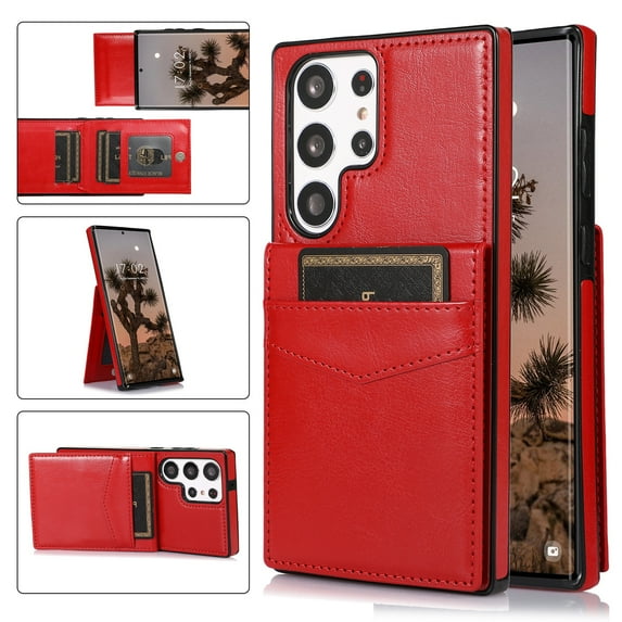 Allytech Back Flip Wallet Case for Samsung Galaxy S23 Ultra with 5 Card Holder, Luxury PU Leather Kickstand Magnetic Buckle Shockproof Anti-Scratch Protective Case for Women Men - Red