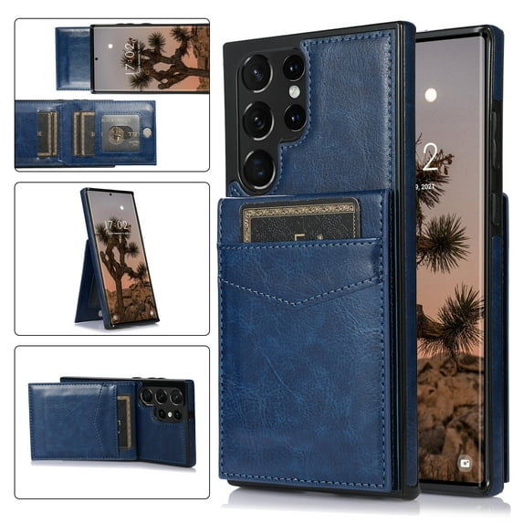 Allytech Back Flip Wallet Case for Samsung Galaxy S24 Ultra with 5 Card Holder, Luxury PU Leather Kickstand Magnetic Buckle Shockproof Anti-Scratch Protective Case for Women Men - Darkblue