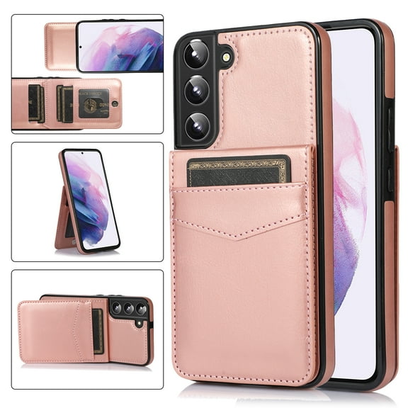 Allytech Back Flip Wallet Case for Samsung Galaxy S25 with 5 Card Holder, Luxury PU Leather Kickstand Magnetic Buckle Shockproof Anti-Scratch Protective Case for Women Men - Rosegold