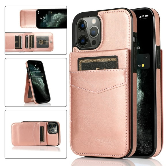 Allytech Back Flip Wallet Case for iPhone 14 Pro Max with 5 Card Holder, Luxury PU Leather Kickstand Magnetic Buckle Shockproof Anti-Scratch Protective Case for Women Men - Rosegold
