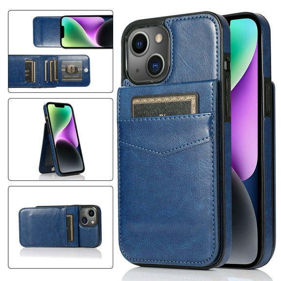 Allytech Back Flip Wallet Case for iPhone 15 with 5 Card Holder, Luxury PU Leather Kickstand Magnetic Buckle Shockproof Anti-Scratch Protective Case for Women Men - Darkblue