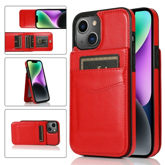 Allytech Back Flip Wallet Case for iPhone 15 Plus with 5 Card Holder, Luxury PU Leather Kickstand Magnetic Buckle Shockproof Anti-Scratch Protective Case for Women Men - Red