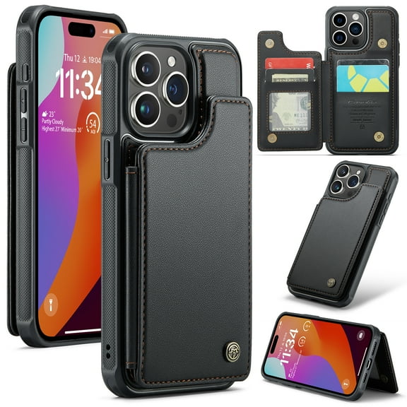 Allytech Business Wallet Case for iPhone 16 Pro with Credit Card Holder, [RFID Blocking] [Camera Screen Protection] PU Leather Magnetic Clasp Kickstand Shockproof Protective Case - Black