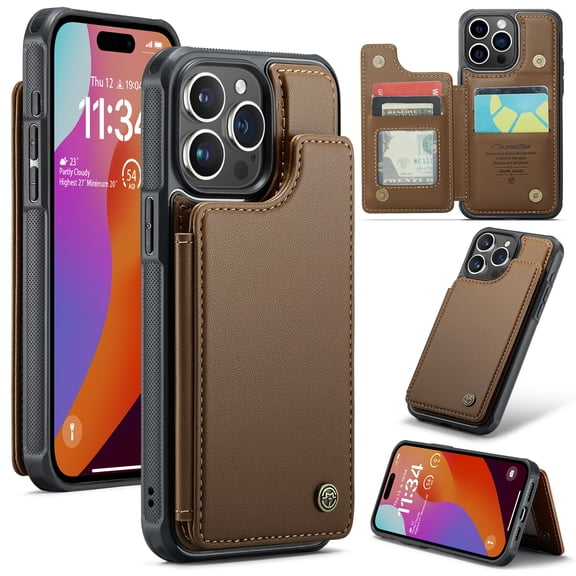 Allytech Business Wallet Case for iPhone 16 Pro Max with Credit Card Holder, [RFID Blocking] [Camera Screen Protection] PU Leather Magnetic Clasp Kickstand Shockproof Protective Case - Brown