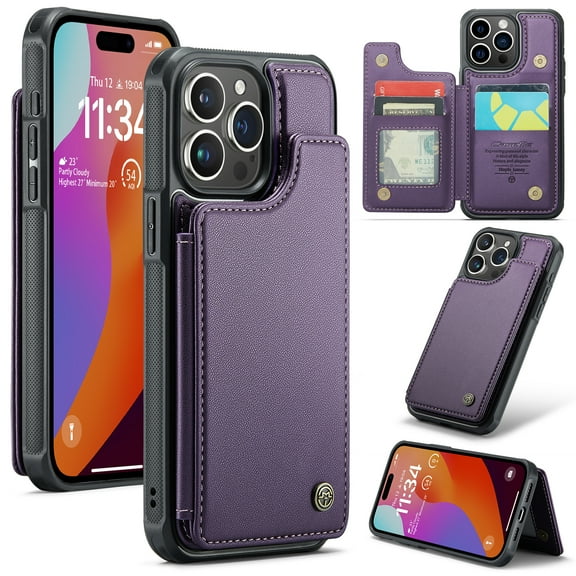 Allytech Business Wallet Case for iPhone 17 with Credit Card Holder, [RFID Blocking] [Camera Screen Protection] PU Leather Magnetic Clasp Kickstand Shockproof Protective Case - Purple