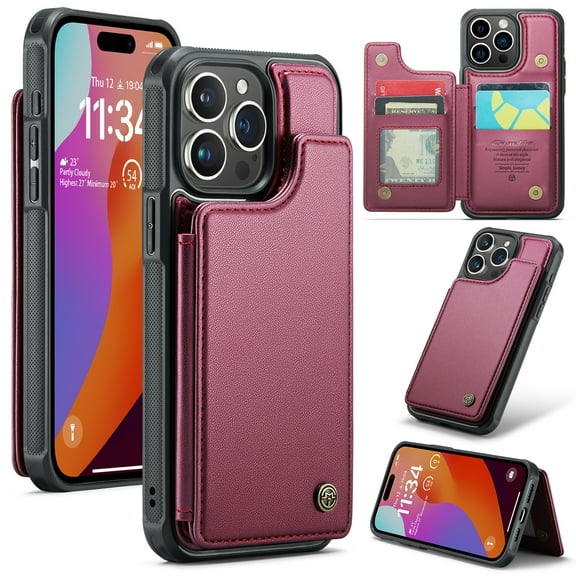 Allytech Business Wallet Case for iPhone 17 Pro Max with Credit Card Holder, [RFID Blocking] [Camera Screen Protection] PU Leather Magnetic Clasp Kickstand Shockproof Protective Case - Winered